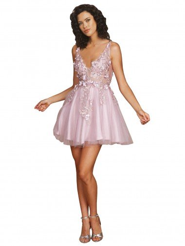 Outlet Sleeveless V-Neckline Short Cocktail Dress with Embellished Lace Appliques