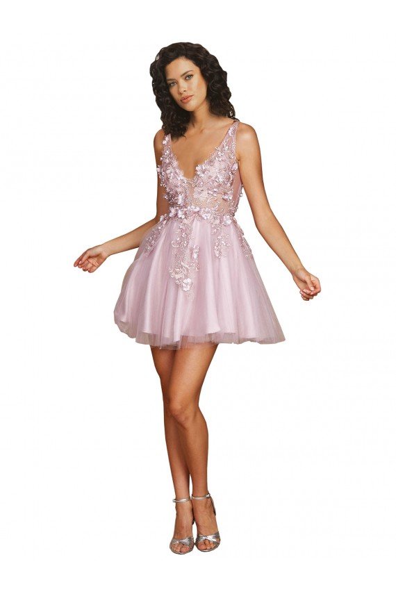 Outlet Sleeveless V-Neckline Short Cocktail Dress with Embellished Lace Appliques