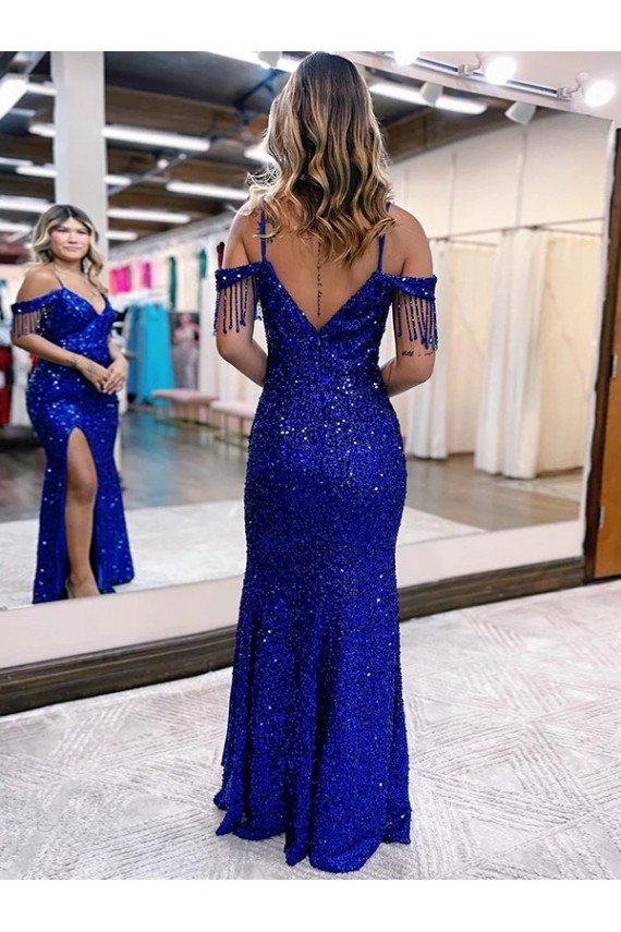 Outlet Cold Shoulder Sleeveless Long Floor Length Velvet Sequin Prom Dress with Slit