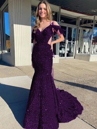 Outlet Cold Shoulder Sleeveless Long Court Train Velvet Sequin Prom Dress