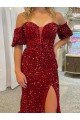 Outlet Off the Shoulder Short Sleeves Long Floor Length Velvet Sequin Prom Dress with High Slit