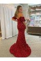 Outlet Off the Shoulder Short Sleeves Long Floor Length Velvet Sequin Prom Dress with High Slit