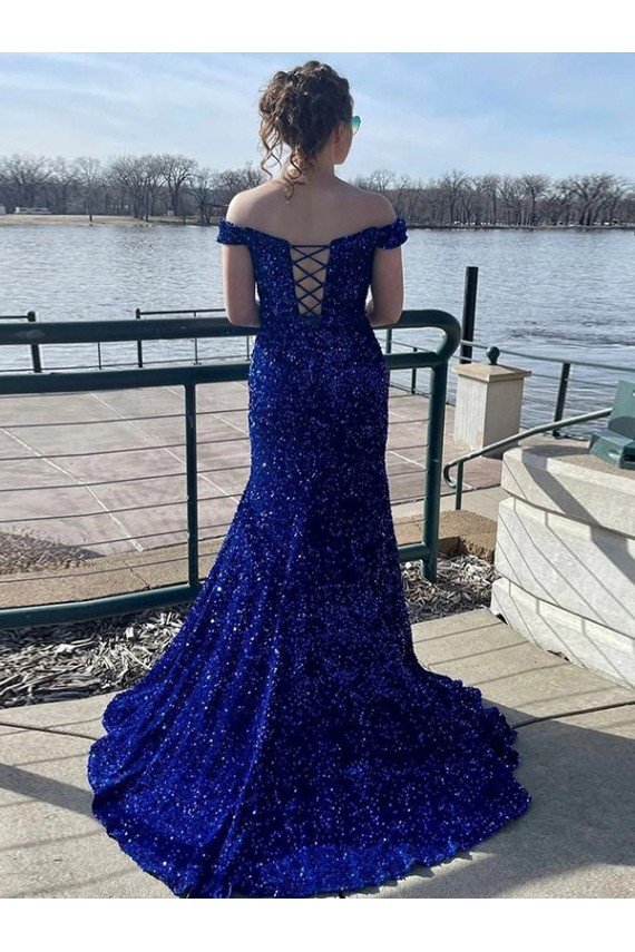 Outlet Off the Shoulder Sleeveless Long Sweep Train Velvet Sequin Prom Dress