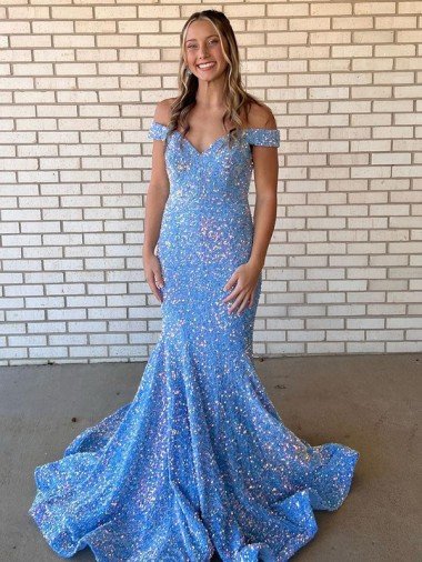 Outlet Mermaid Off the Shoulder Sleeveless Long Floor Length Velvet Sequin Prom Dress