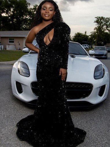 Outlet One Shoulder Long Sleeves Long Sweep Train Velvet Sequin Prom Dress