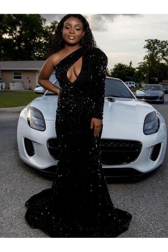 Outlet One Shoulder Long Sleeves Long Sweep Train Velvet Sequin Prom Dress