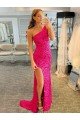 Outlet One Shoulder Sleeveless Long Velvet Sequin Prom Dress with High Slit