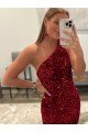 Outlet Open Back One Shoulder Sleeveless Long Sweep Train Velvet Sequin Prom Dress