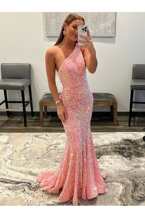 Outlet Open Back One Shoulder Sleeveless Long Sweep Train Velvet Sequin Prom Dress