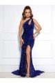 Outlet Mermaid One Shoulder Sleeveless Long Court Train Velvet Sequin Prom Dress with Slit