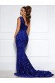 Outlet Mermaid One Shoulder Sleeveless Long Court Train Velvet Sequin Prom Dress with Slit