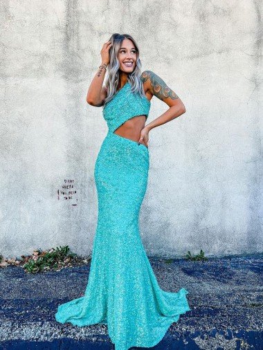Outlet Mermaid One Shoulder Sleeveless Long Sweep Train Velvet Sequin Prom Dress