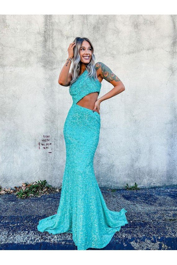 Outlet Mermaid One Shoulder Sleeveless Long Sweep Train Velvet Sequin Prom Dress