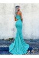 Outlet Mermaid One Shoulder Sleeveless Long Sweep Train Velvet Sequin Prom Dress