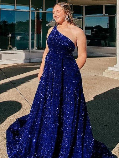 Outlet A-Line One Shoulder Sleeveless Long Sweep Train Velvet Sequin Prom Dress with Pockets