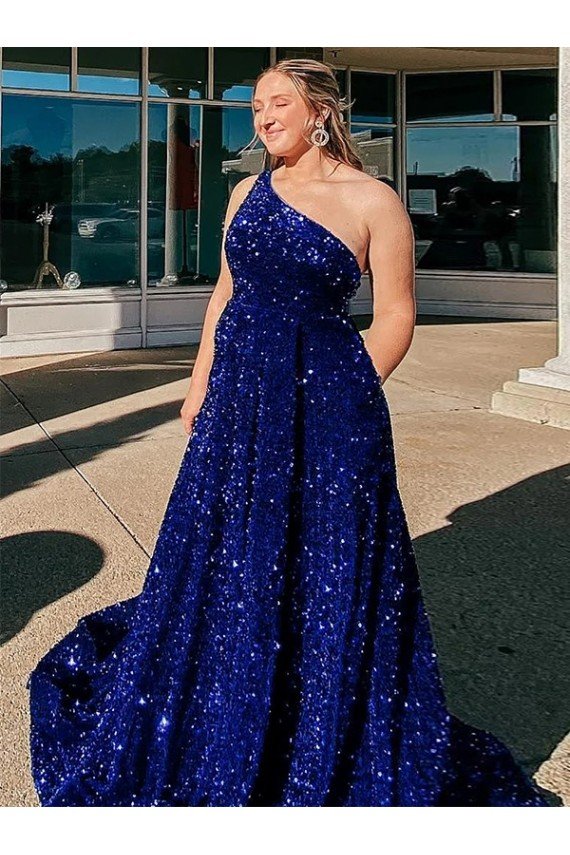 Outlet A-Line One Shoulder Sleeveless Long Sweep Train Velvet Sequin Prom Dress with Pockets