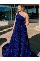 Outlet A-Line One Shoulder Sleeveless Long Sweep Train Velvet Sequin Prom Dress with Pockets