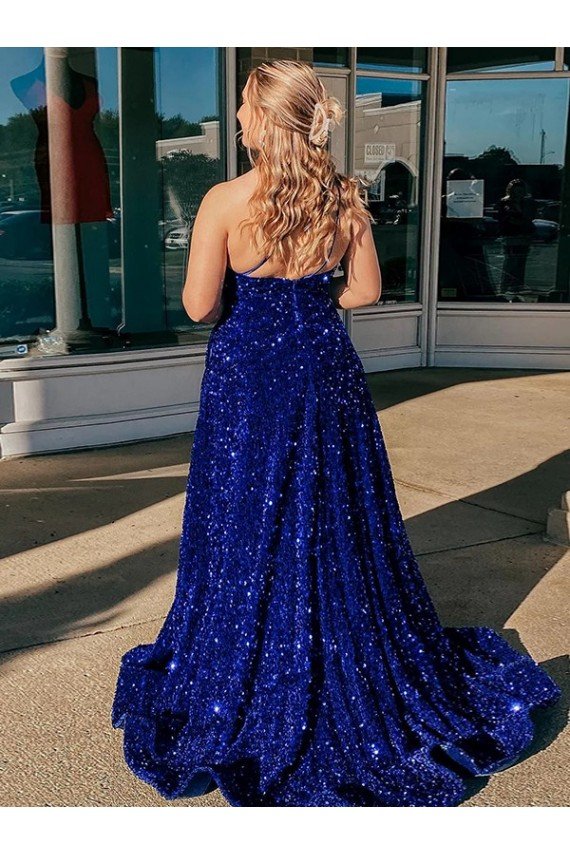 Outlet A-Line One Shoulder Sleeveless Long Sweep Train Velvet Sequin Prom Dress with Pockets