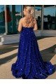 Outlet A-Line One Shoulder Sleeveless Long Sweep Train Velvet Sequin Prom Dress with Pockets