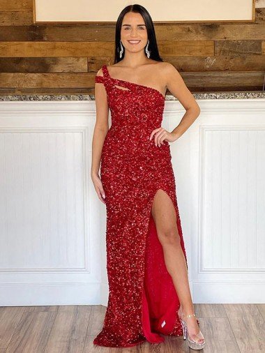 Outlet One Shoulder Sleeveless Long Sweep Train Velvet Sequin Prom Dress