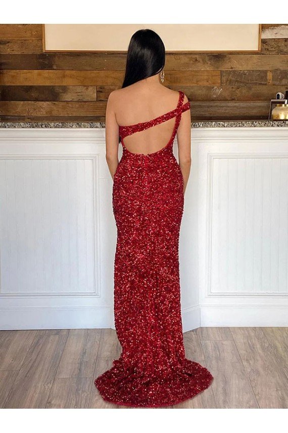 Outlet One Shoulder Sleeveless Long Sweep Train Velvet Sequin Prom Dress