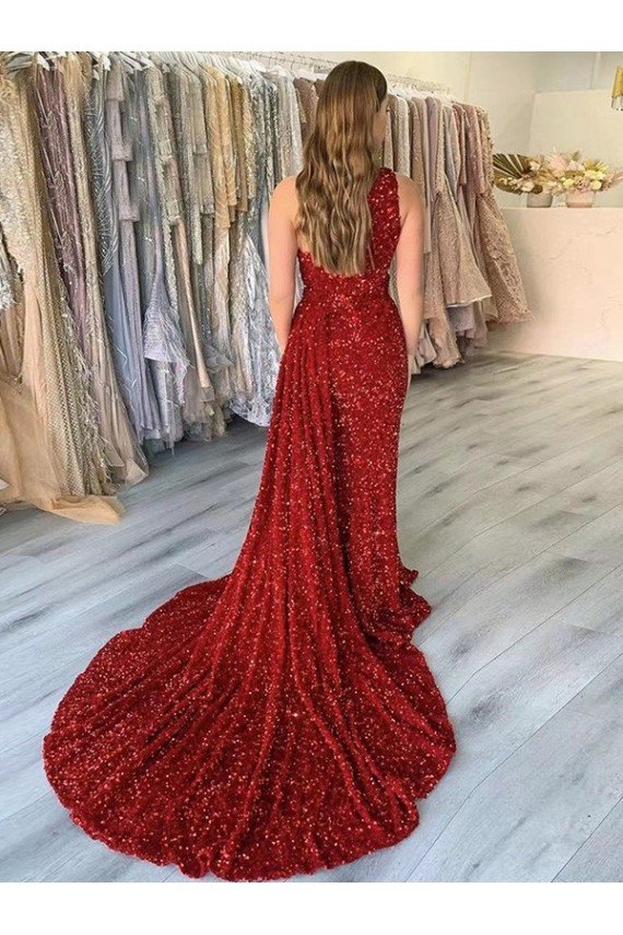 Outlet One Shoulder Sleeveless Long Court Train Velvet Sequin Prom Dress with Slit