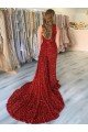 Outlet One Shoulder Sleeveless Long Court Train Velvet Sequin Prom Dress with Slit