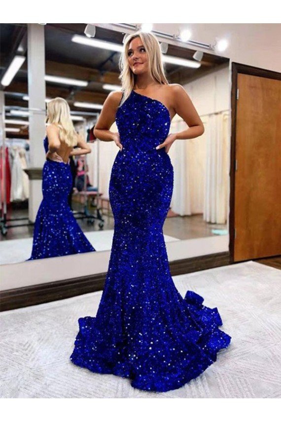 Outlet Mermaid One Shoulder Open Back Long Sweep Train Velvet Sequin Prom Dress