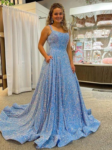 Outlet A-Line Scoop Sleeveless Long Court Train Velvet Sequin Prom Dress