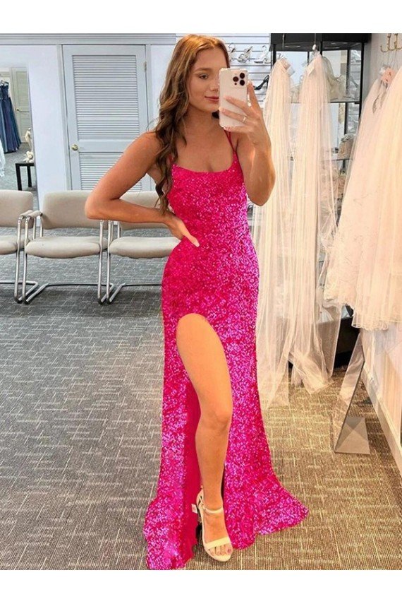 Outlet Spaghetti Straps Sleeveless Long Velvet Sequin Prom Dress with Slit and Criss Cross Open Back