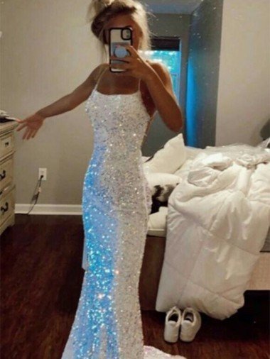 Outlet Long Spaghetti Straps Sleeveless Sweep Train Velvet Sequin Prom Dress