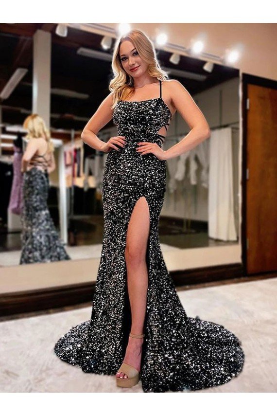 Outlet Spaghetti Straps Sleeveless Long Sweep Train Velvet Sequin Prom Dress