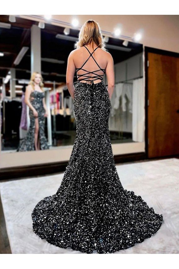 Outlet Spaghetti Straps Sleeveless Long Sweep Train Velvet Sequin Prom Dress