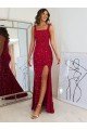 Outlet Square Neck Sleeveless Long Velvet Sequin Prom Dress with Slit