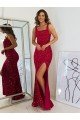 Outlet Square Neck Sleeveless Long Velvet Sequin Prom Dress with Slit