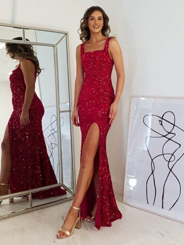 Outlet Square Neck Sleeveless Long Velvet Sequin Prom Dress with Slit