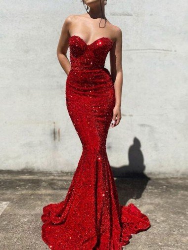 Outlet Mermaid Sweetheart Sleeveless Long Court Train Velvet Sequin Prom Dress