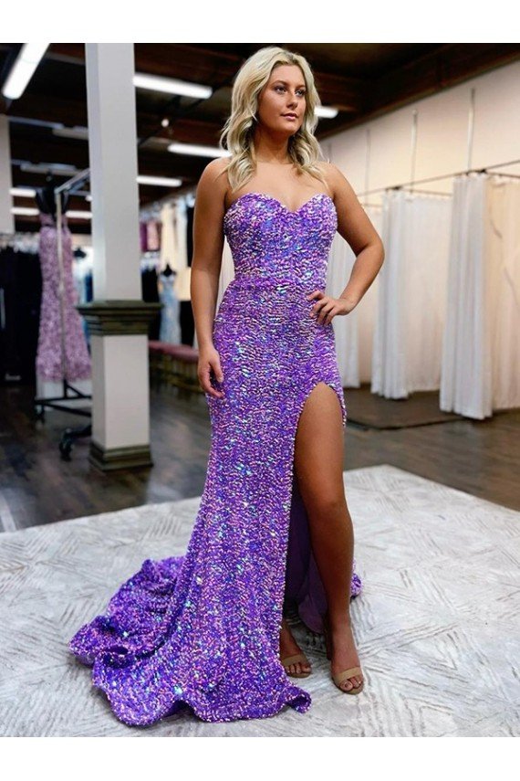 Outlet A-Line Sweetheart Sleeveless Long Velvet Sequin Prom Dress with Slit