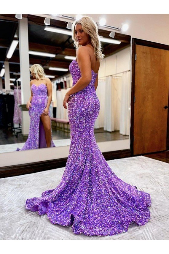 Outlet A-Line Sweetheart Sleeveless Long Velvet Sequin Prom Dress with Slit