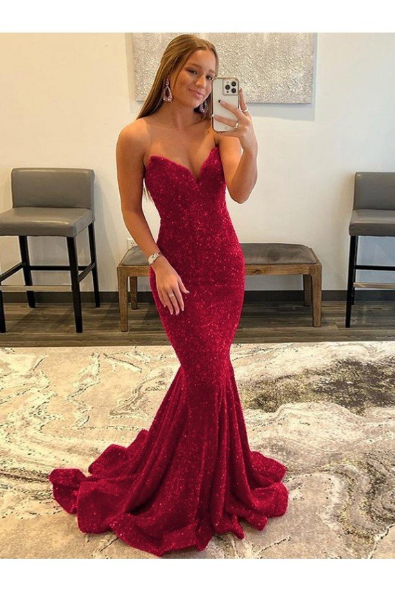 Outlet Sweetheart Sleeveless Long Sweep Train Velvet Sequin Prom Dress