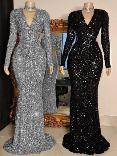 Outlet V-Neck Long Sleeves Long Sweep Train Velvet Sequin Prom Dress