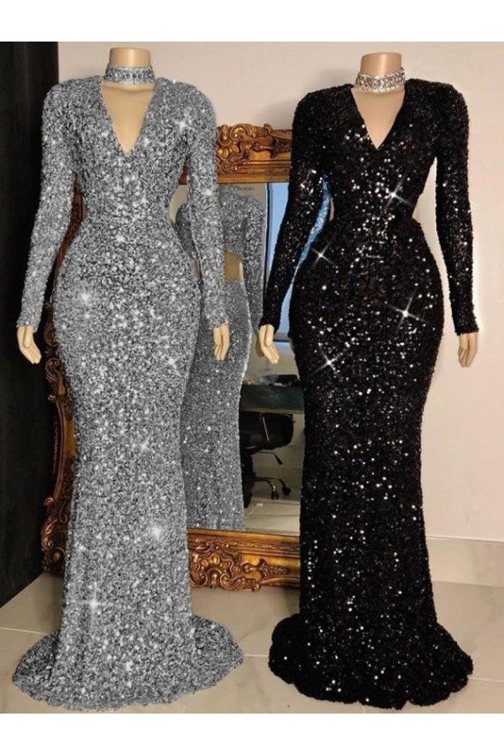 Outlet V-Neck Long Sleeves Long Sweep Train Velvet Sequin Prom Dress