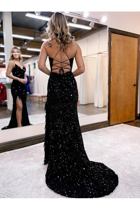 Outlet V-Neck Sleeveless Long Velvet Sequin Royal Blue Prom Dress with Side Slit