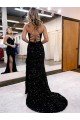Outlet V-Neck Sleeveless Long Velvet Sequin Royal Blue Prom Dress with Side Slit