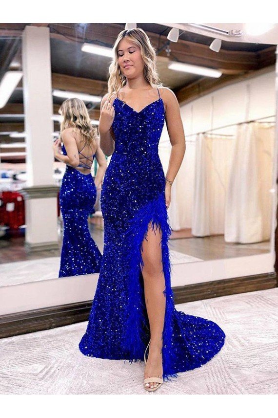 Outlet V-Neck Sleeveless Long Velvet Sequin Royal Blue Prom Dress with Side Slit