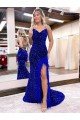 Outlet V-Neck Sleeveless Long Velvet Sequin Royal Blue Prom Dress with Side Slit