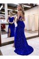 Outlet V-Neck Sleeveless Long Velvet Sequin Royal Blue Prom Dress with Side Slit