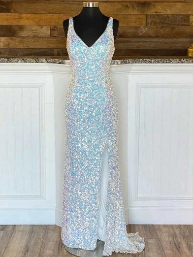 Outlet V-Neck Sleeveless Long Sweep Train Velvet Sequin Prom Dress
