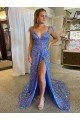 Outlet A-Line V-Neck Sleeveless Long Court Train Velvet Sequin Prom Dress with High Slit