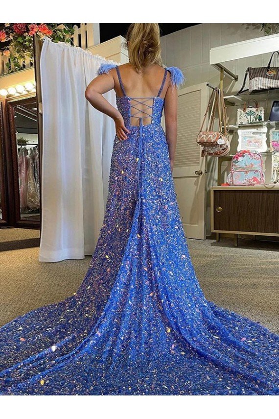 Outlet A-Line V-Neck Sleeveless Long Court Train Velvet Sequin Prom Dress with High Slit